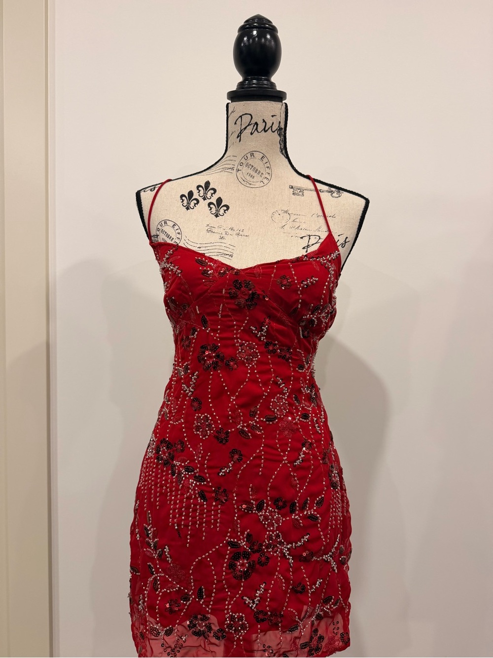 Red Beaded Spaghetti-Strap Mini Dress
